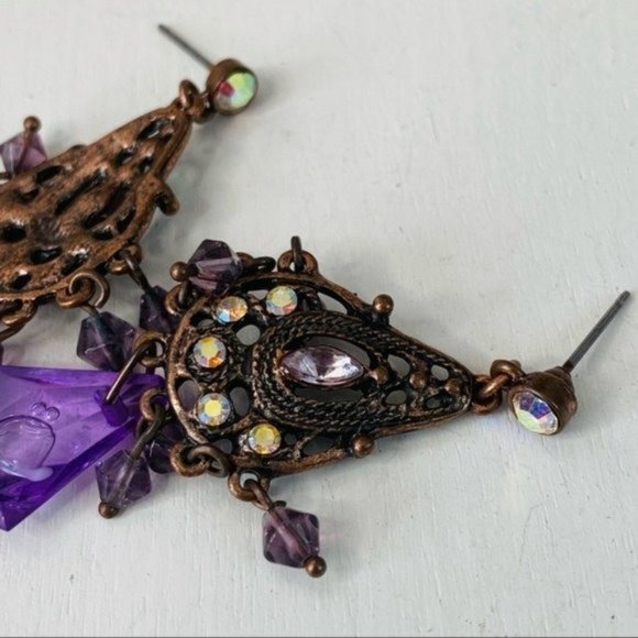 Copper Tone Metal and Purple Crystal Chandelier Earrings - Picture 3 of 8